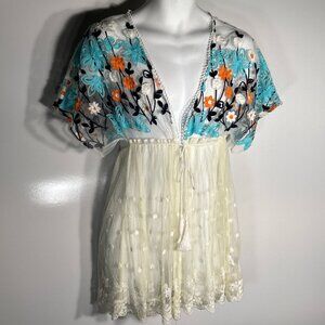 Tassels N Lace SZ M Embroidered Lace Open Cardigan Cover Up Top Boho Coquette